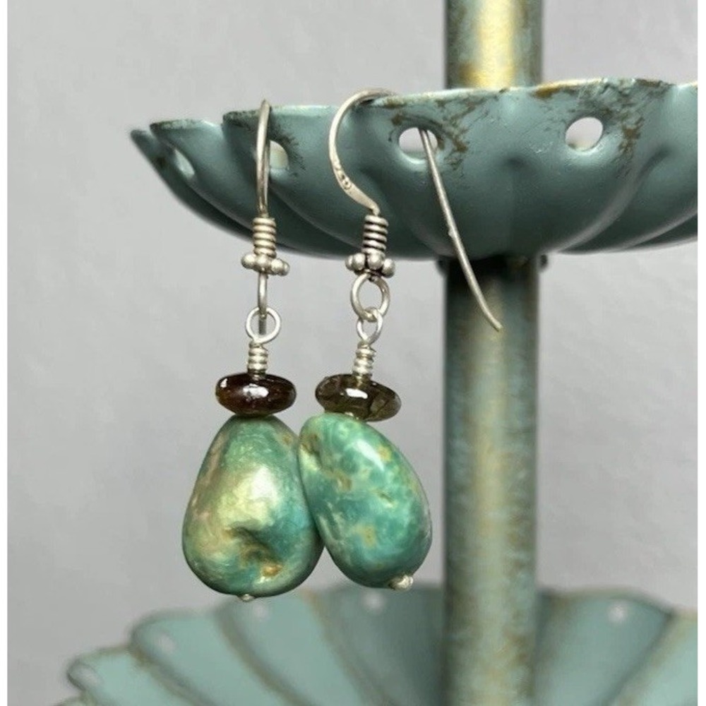 Sterling Silver Turquoise‎ Oval Nugget Stone Chunk Dangle Earrings